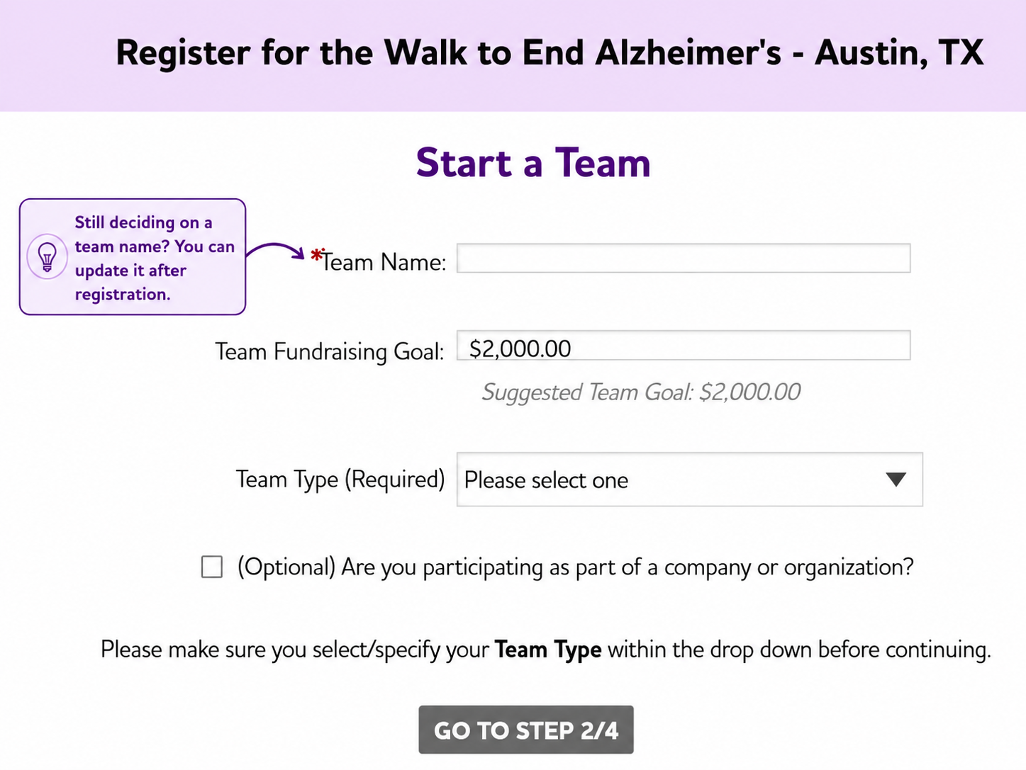 Start a Team registration screen showing the team name, team fundraising goal and team type fields